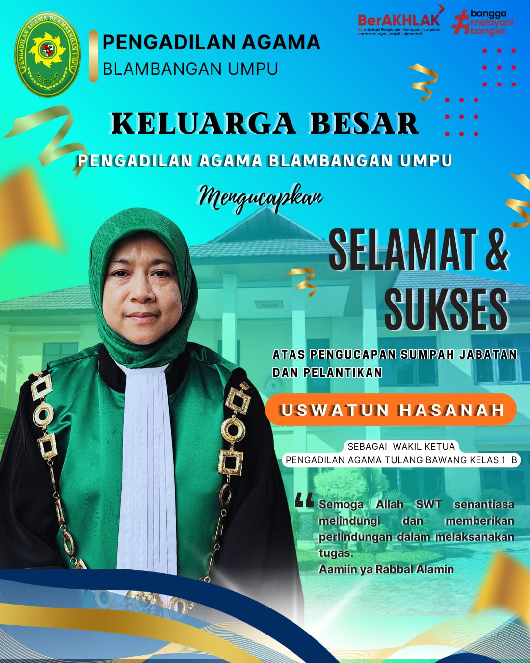 Selamat atas Pelantikan Uswatun Hasanah sebagai Wakil Ketua PA Tulang Bawang Kelas I B