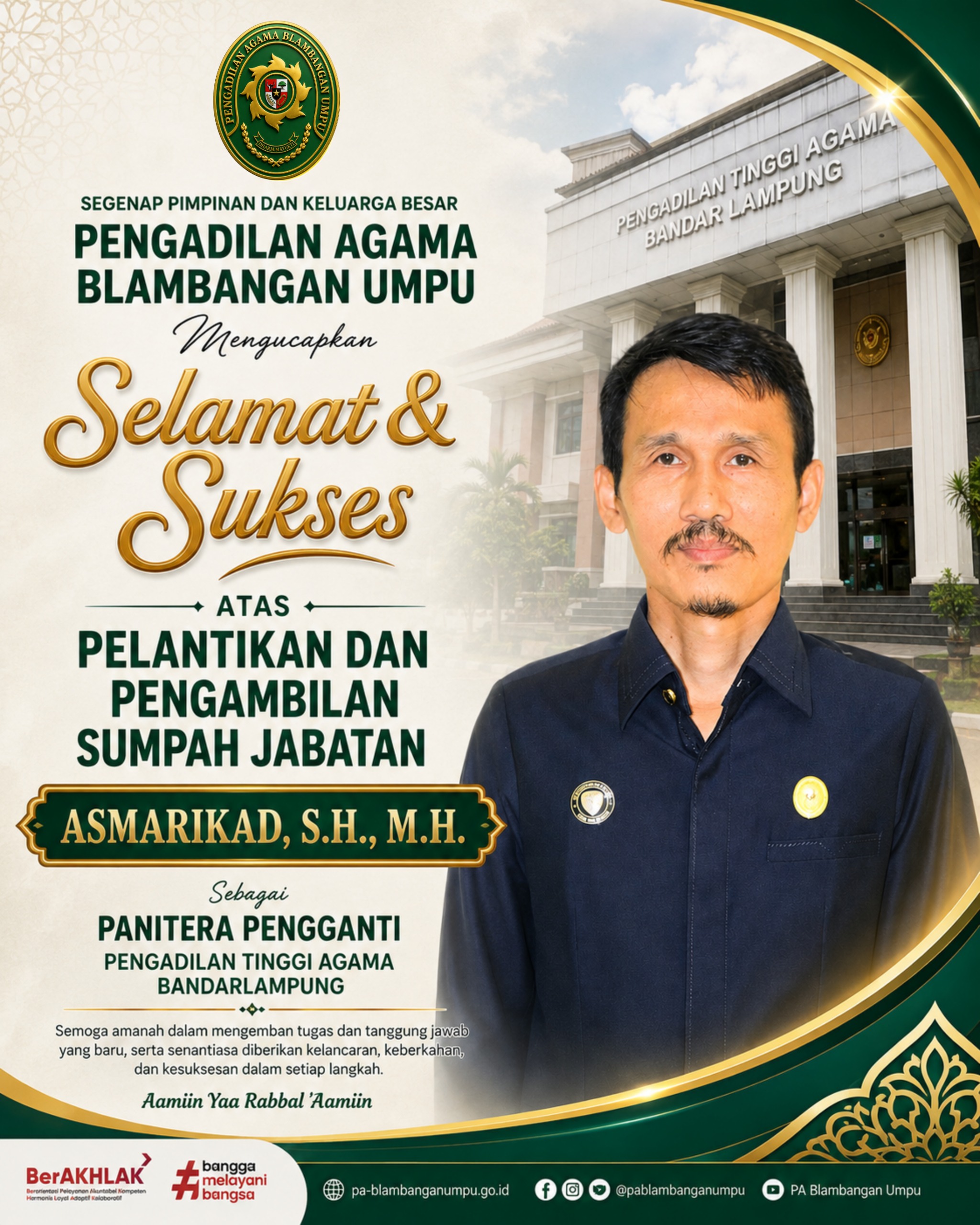 Selamat atas Pelantikan Asmarikad, S.H., M.H., sebagai Panitera Pengganti PTA Bandar Lampung